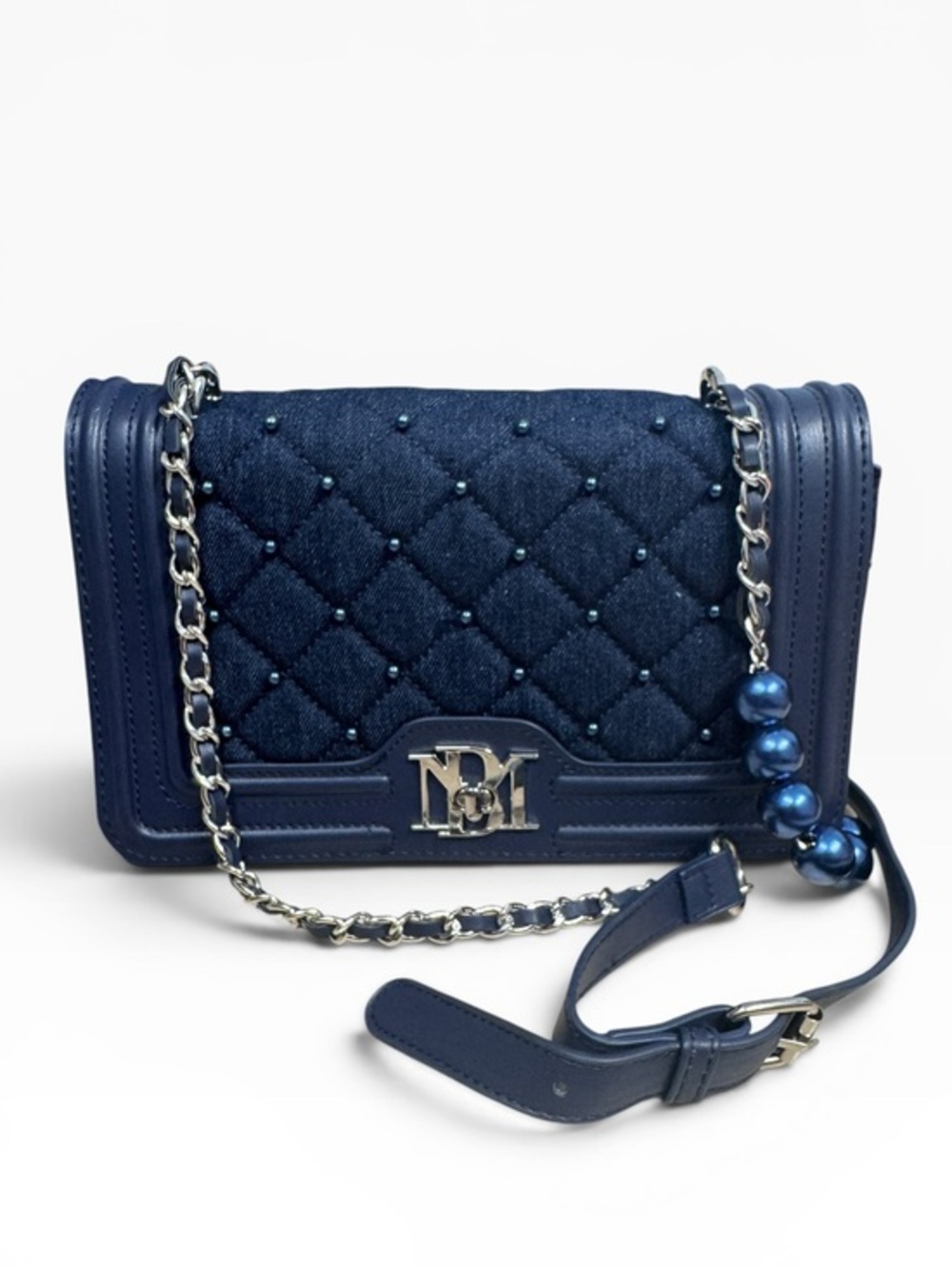 Badgley Mischka Denim Quilted Crossbody Bag Blue Pearl Chain Purse
